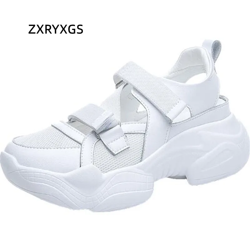 

ZXRYXGS Premium Mesh Cowhide Breathable Sneakers Sandals 2022 Summer Thick-soled Internal Increase Sandals Women White Sandals