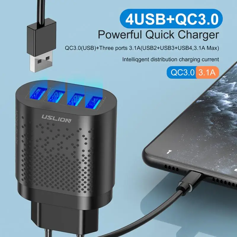 

EU/US Plug USB Charger 3A Quik Charge 3.0 Mobile Phone Charger For IPhone 11 Samsung Xiaomi 4 Port 48W Fast Wall Chargers