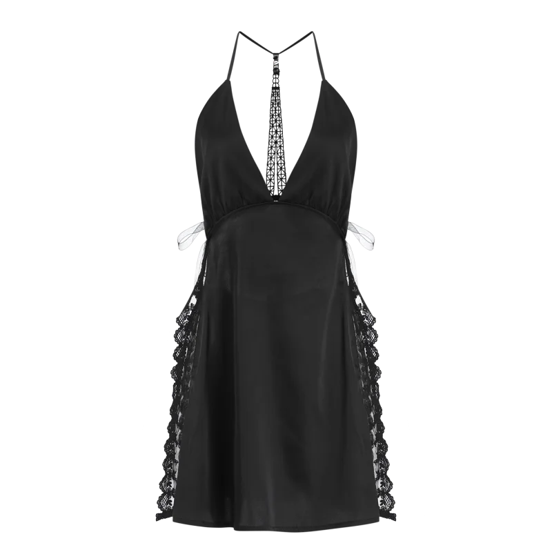 Women's Night Shirts Nightie Summer Nightgowns Satin Slip Dress Black Side Slit Lace Sleepwear Neck Backless Ladies Night Wear