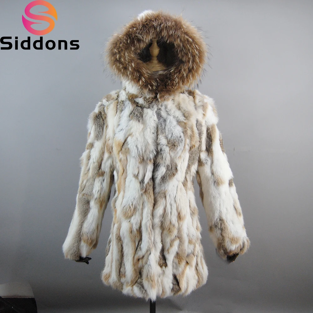 Fashion Winter Women Real Rabbit Fur Hooded Coat Natural Warm Rabbit Fur Coats With Real Raccoon Fur Collar Lady Real Fur Jacket