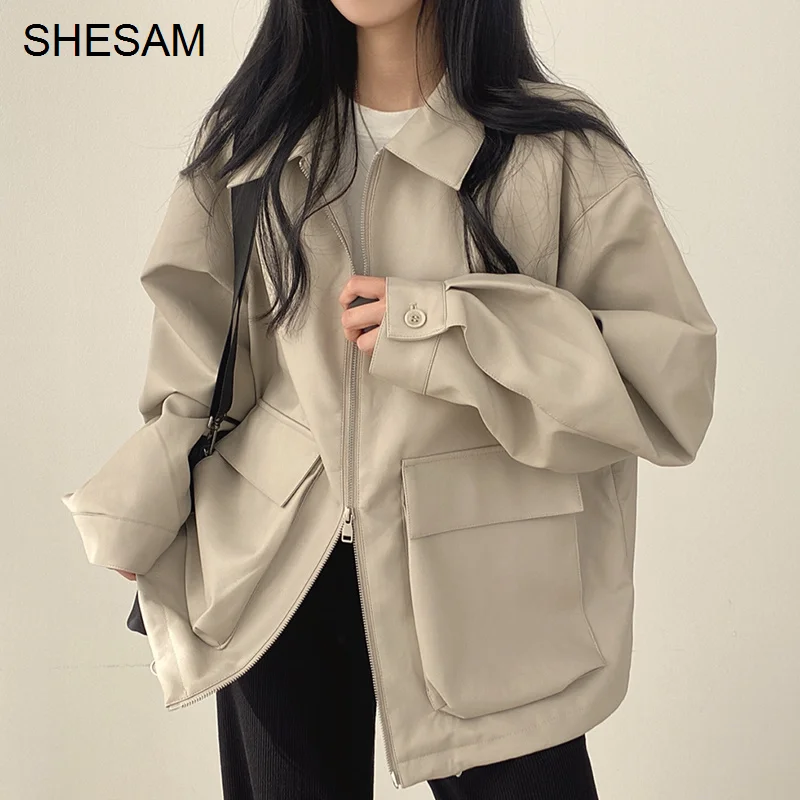 

2022 Korean Chic Jacket Lapel Large Pocket Zipper Cardigan Jacket Loose Casual Long Sleeve Leather Jacket Short Jacket Women