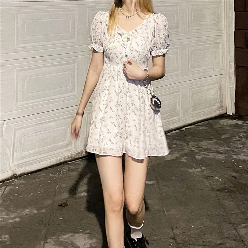 

Short Women's Dress Floral Spring Summer Chiffon Dress 2022 New Puff Sleeve Square Collar Slim Thin High Waist A-Skirt Female