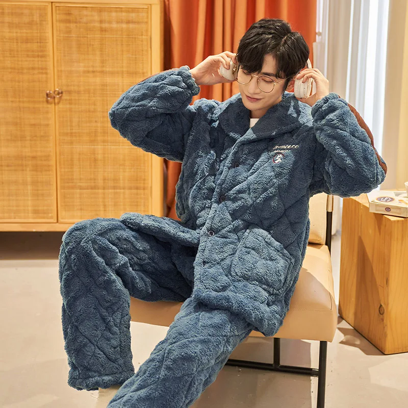 

QUHENG Warm Sleepwear Men's Flannel Winter Thick Pajama Male Thick Long Sleeve Pijama Casual Autumn Pyjamas Men Coral Fleece