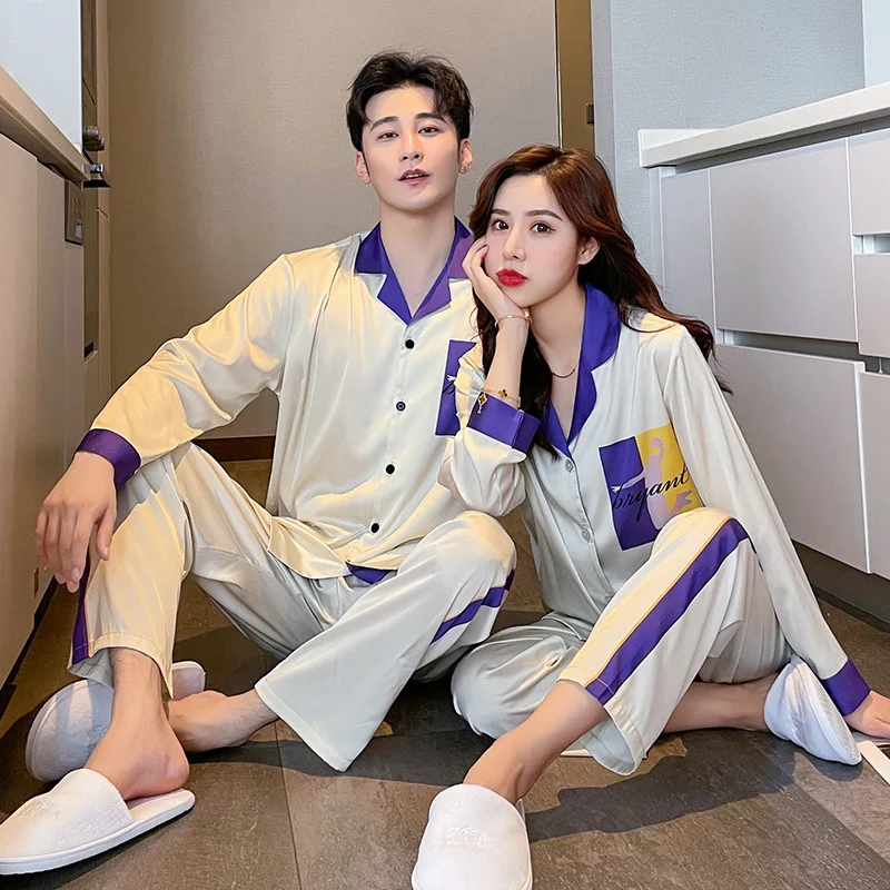 

Women's Pajamas Set Silk Like Homewear Basketball Fans Sleepwear Luxury Style Couple V Neck Nightgown Plus Size Men's Nightie