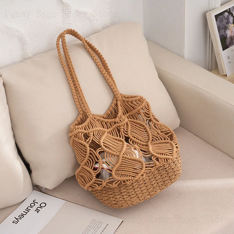 

2023 New Cotton Thread and Paper Rope Woven Women's Bag Forest Composite Straw Woven Women's Handbag Handmade Woven Bag