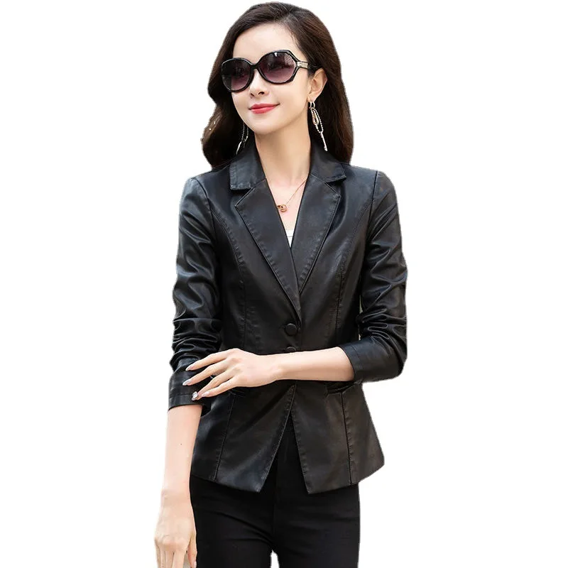 Skinny Lady Elegant Leather Women's Leather Coat Women's 2022 Korean Fashion Slim Fitting PU Leather Suit Coat Women's Short Top