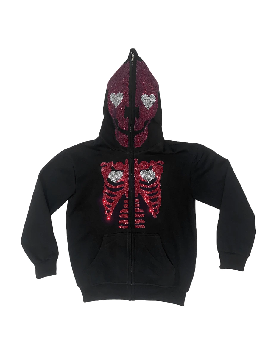 

Men Women Hoodie Sweatshirt Casual Rhinestone Skull Pattern Long Sleeve Zip Up Jacket Autumn Clothes