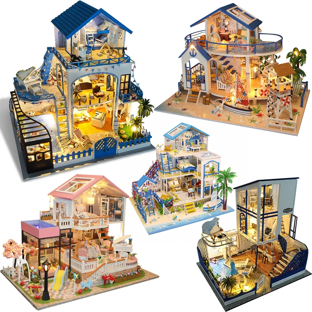 

Diy Wooden Doll House With Furniture Miniature Building Kits Aegean Sea Villa Big Casa Dollhouse Toys For Children Girls Gifts