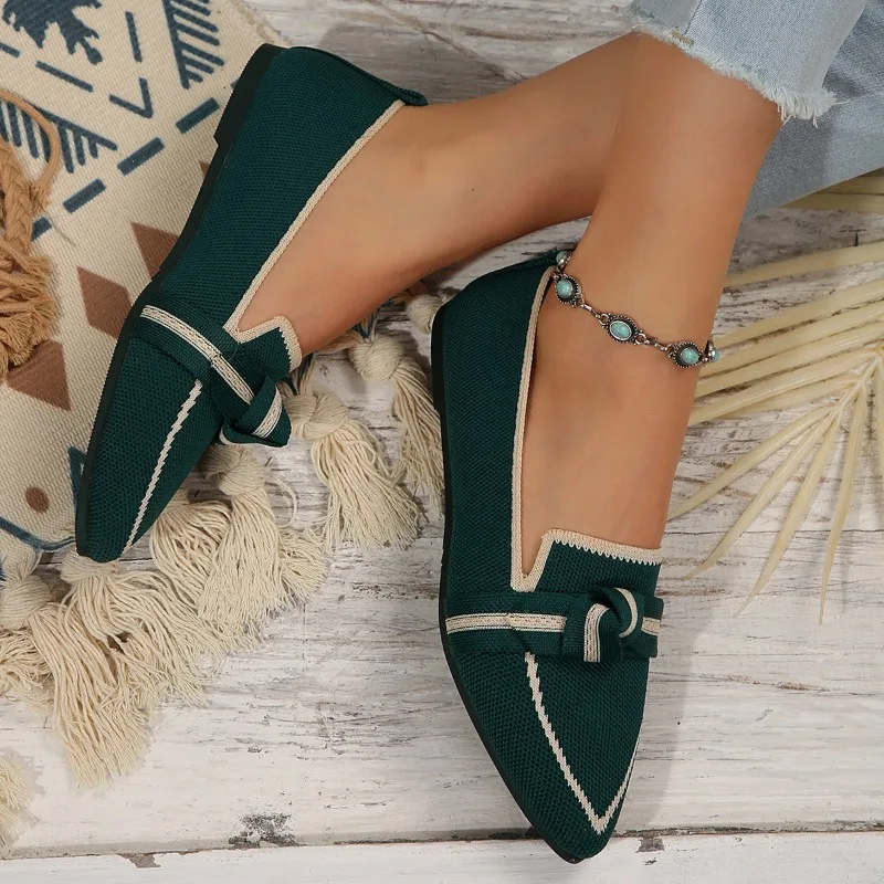 Женские лоферы на плоской подошве с бантом и острым носком сетчатая повседневная