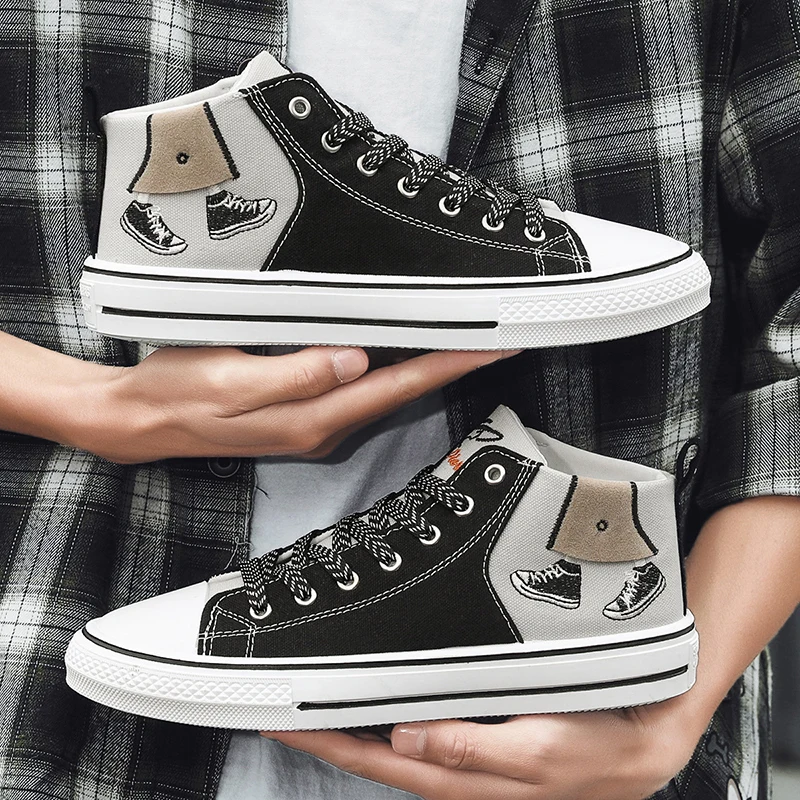 

Newest Black and Grey Men's Casual Canvas Shoes Fashion High Top Unisex Casual Sneakers Breathable Printed Flat Shoes for Lovers