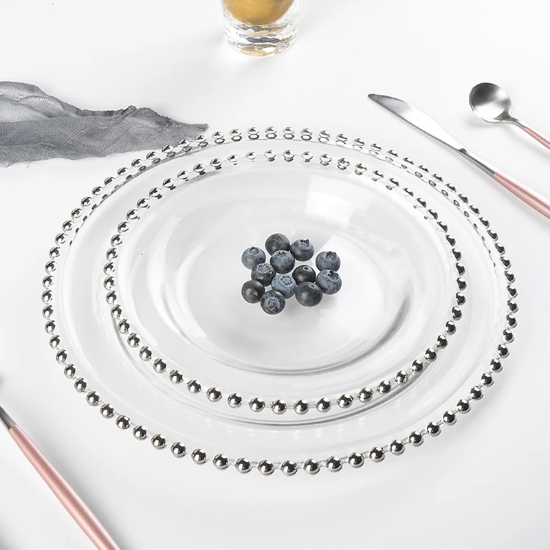 

New Nordic Gold Clear Glass Dinner Plates Bead Dinner Plated Dish Salad Fruit Wedding Jewelry Desktop Decorative Tray Tableware