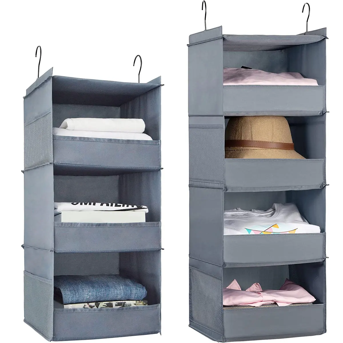 

3/4 Tier Hanging Wardrobe Organizer Collapsible Closet Hanging Shelves with Side Pocket Sturdy Durable Hanging Closet Organizers