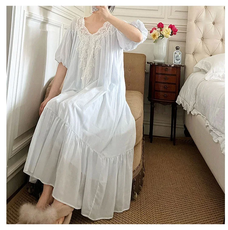Французские белые кружевные ночнушки в стиле ретро хлопковые мягкие рубашки с
