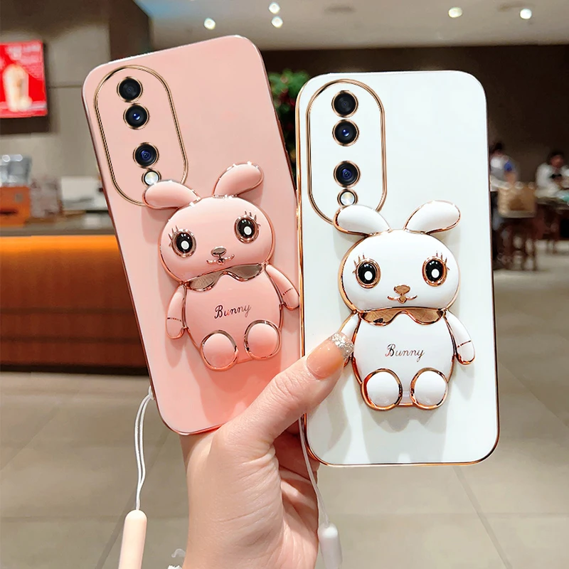 

Phone Case for Honor 70 Honor 70 Pro Luxury Plating Square Rabbit Holder Protection Phone Case Back Cover