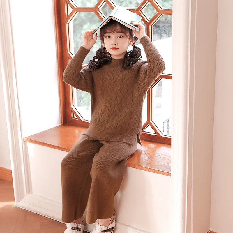 Spring Autumn 2 Piece Casual Clothing Sets For Girls Fashion Knitted Pullover And Loose Pants Outfits Children 2PCS Clothes Suit
