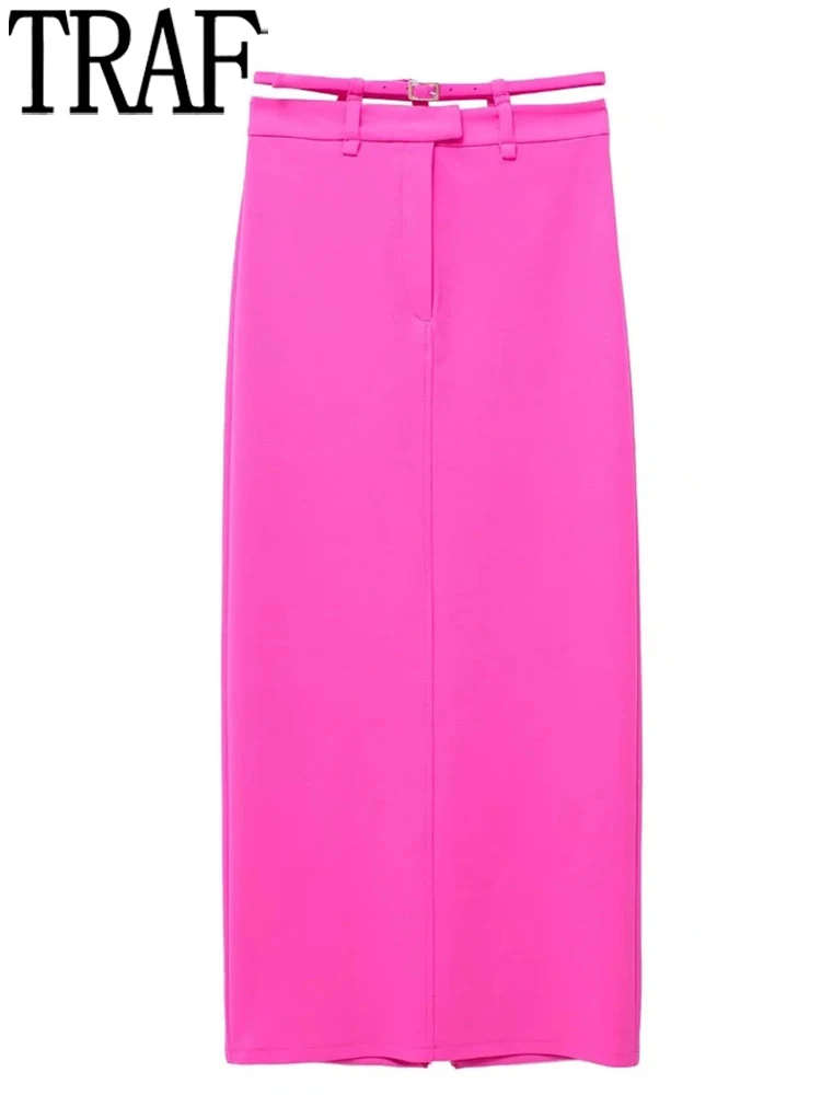 

TRAF Rosy Long Skirt Women High Waist Midi Skirt With Slit Elegant Skirts Woman Fashion 2022 Metal Buckle Belt Summer Skirt Suit