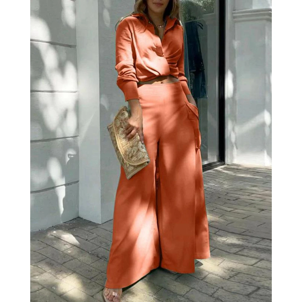 Women Casual V-Neck Ruched Long Sleeve Shirts & High Waist Pants Set Female Two Piece Suit Sets Outfits Set Summer Workwear
