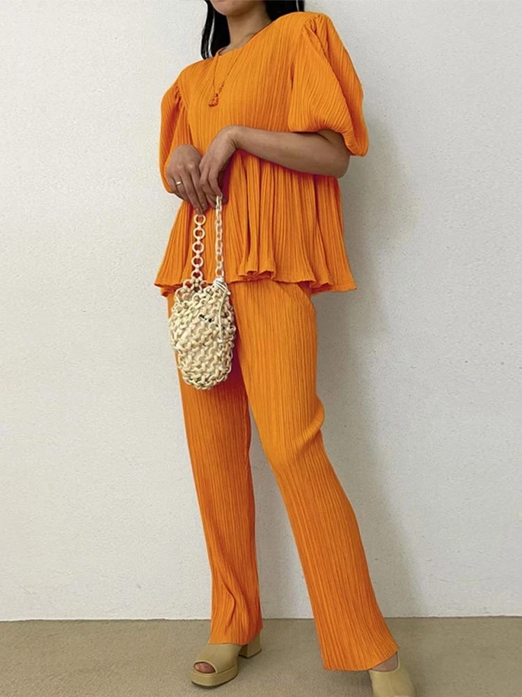 

Pleated Two Piece Set Women Chic Solid Color Short Lantern Sleeve Shirt And Pants Suit Summer Female Fashion Pant Suits