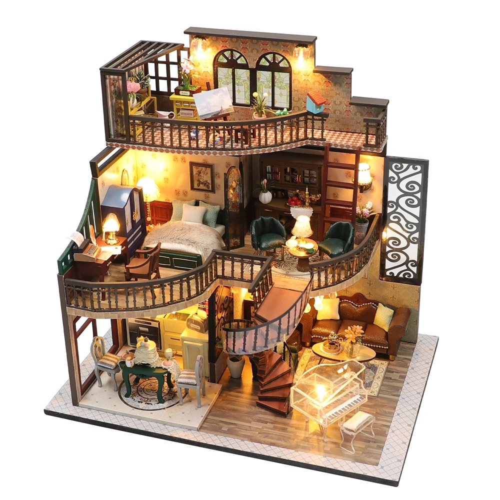 Diy Wooden Doll House Miniature Building Kits Modern Loft With Furniture Casa Dollhouse Toys For Children Girls Birthday Gifts