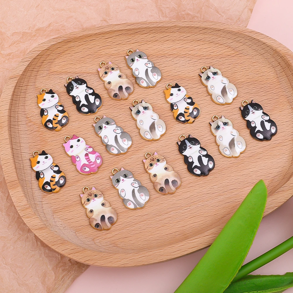 10pcs Fashion Gold Color Metal Alloy Kawaii Enamel Cat Animal Charms Pendant Fit Jewelry Making DIY Necklace Jewelry Finding
