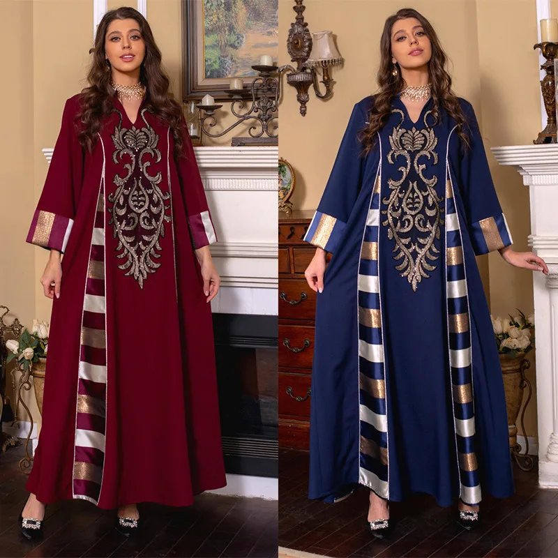 Women's New Arab Muslim Middle Eastern Retro Ethnic Beaded Piece Embroidered Patchwork Dress