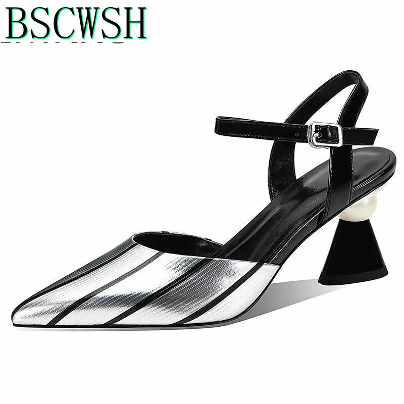 

Женские сандалии в полоску, летние туфли с острым носком на высоком толстом каблуке, 2022