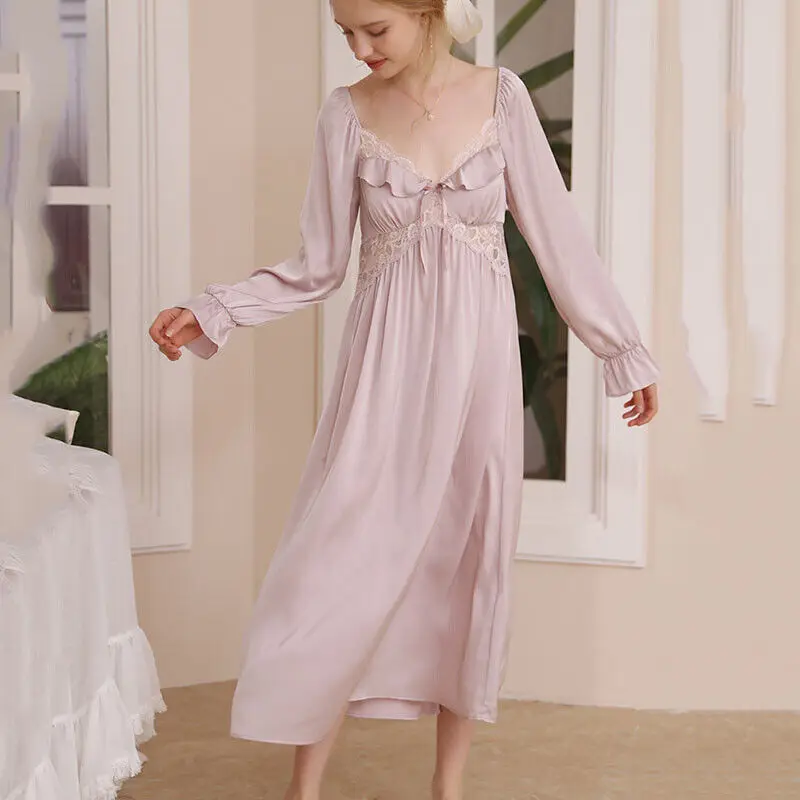 Vintage Princess Sleepwear Women Spring Summer Ice Silk Feel  Long Pajama Nightdress Fairy Ruffles Lace Victorian Nightgowns