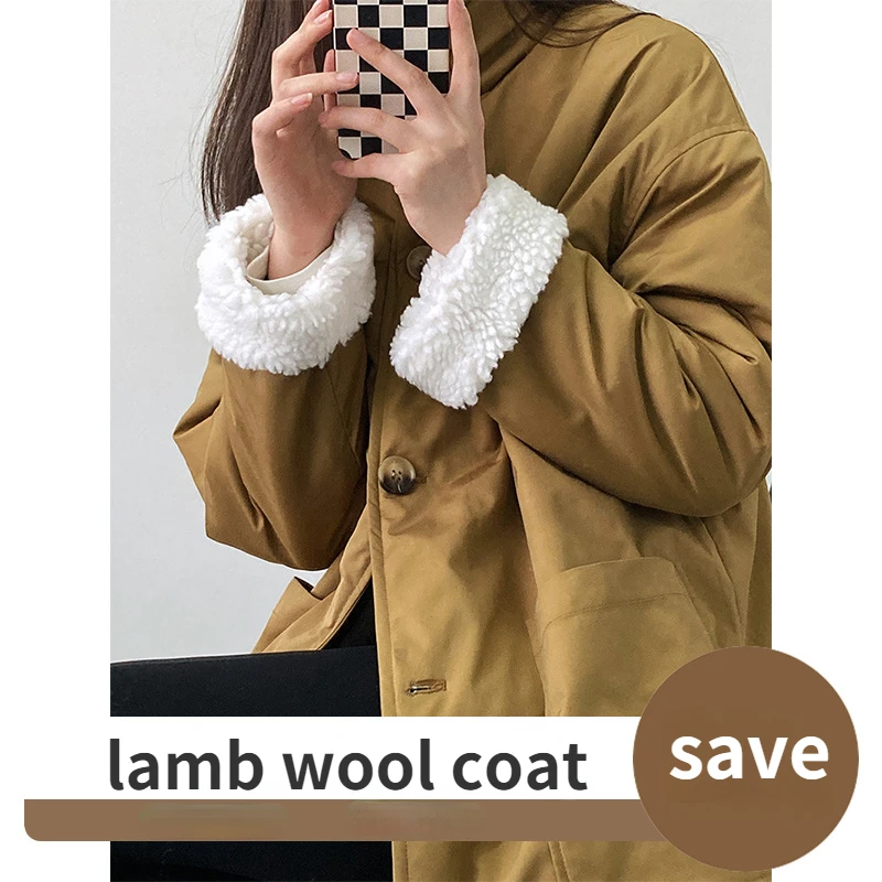 

UMI MAO Korean Loose Lamb Womens Wool Short Cotton Jacket Women's 2022 Winter Mid-length Over-the-knee Pie Overcoat Coat