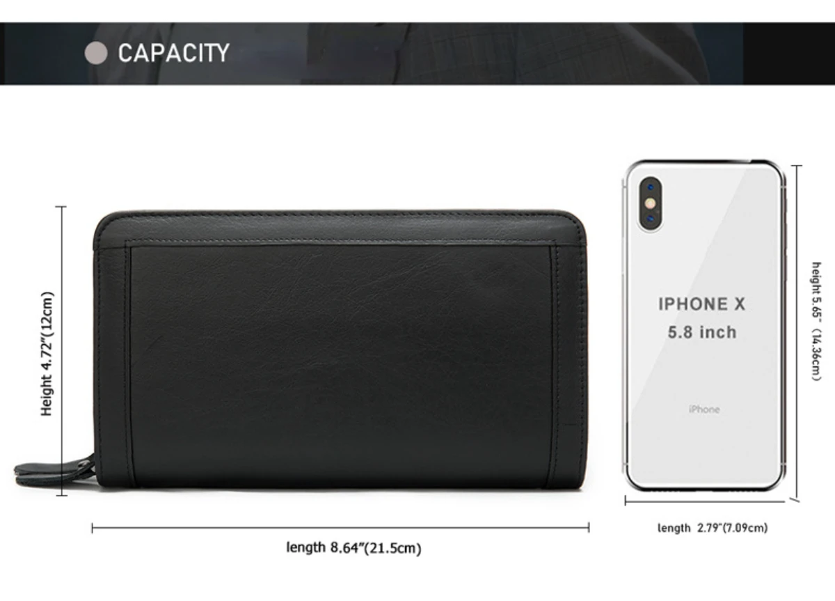 Men Clutch Bag Genuine Leather Long Purse Wallet Bag Double Zipper Male Clutch Handbag Phone Pocket Card Holder Large Capacity