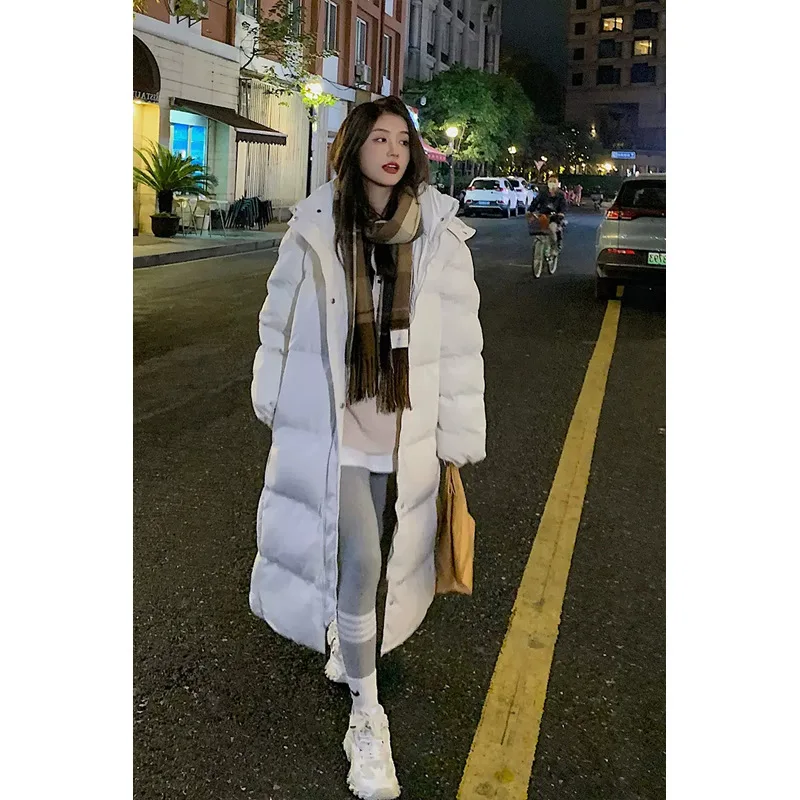 White cotton jacket women's midi length over-the-knee winter loose hooded thick down cotton jacket