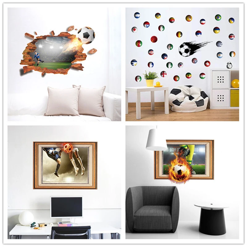 

3D Football Break out the Wall Stickers Self Adhesive PVC Flame Soccer Imitation Photo Frame Poster for Boys Room Entrace Door