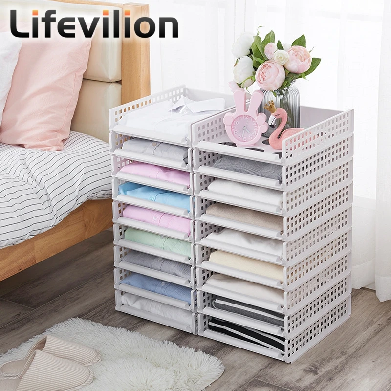 

3Pcs Stackable Clothes Storage Shelf Folding Storage Basket Wardrobe Clothes Layered Organizer Storage Rack for Office Home