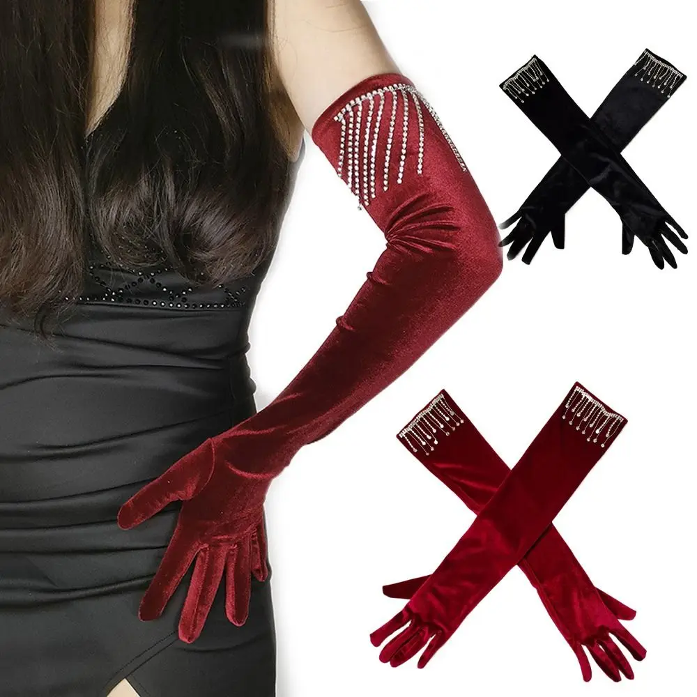 

Бархатные перчатки для представлений, солнцезащитные варежки, свадебные перчатки, длинные перчатки в стиле ретро, женские перчатки со стразами