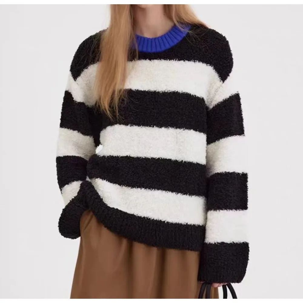 Черно-белый пуловер Freeacy для женщин 2024 осенне-зимняя мода круглый вырез длинные