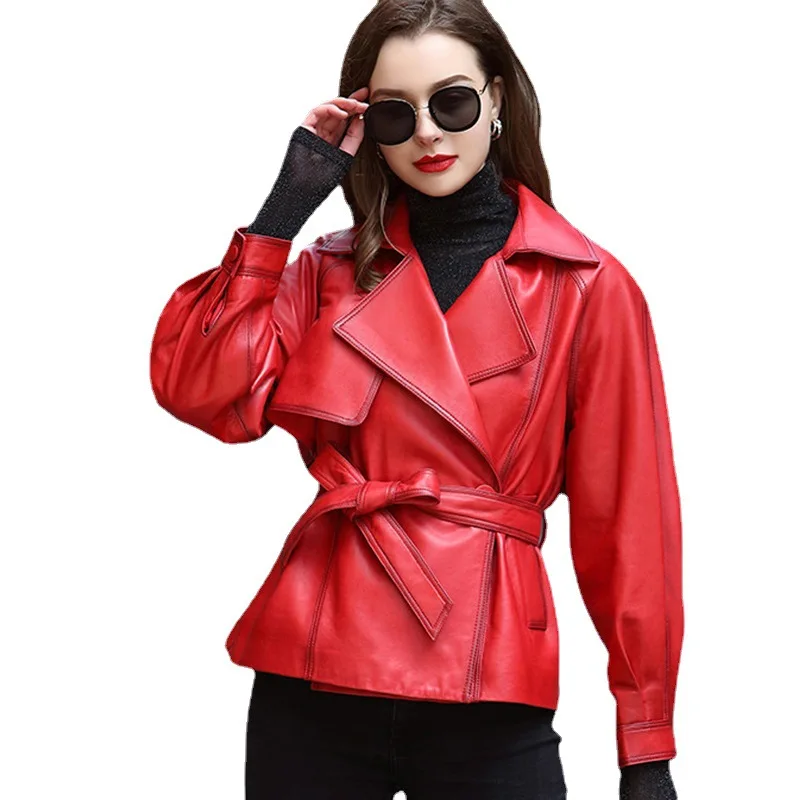 Red Leather Jacket Women's Spring Autumn Genuine Leatther Tops Short Sheepskin Jacket Motorcycle Coats Belt Coat