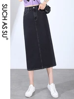 such as su korean 2022 denim sexy split skirts black slim high waist straight skirt mid long pockets s 3xl women jean skirt 7182
