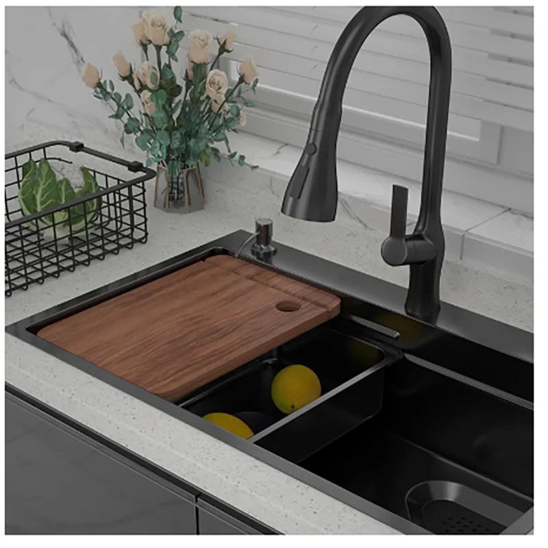 

Black-gray Stainless Steel Single Bowl Kitchen Sink Home Wash BasinSide Drainage Workstation With Faucet Drain Accessories
