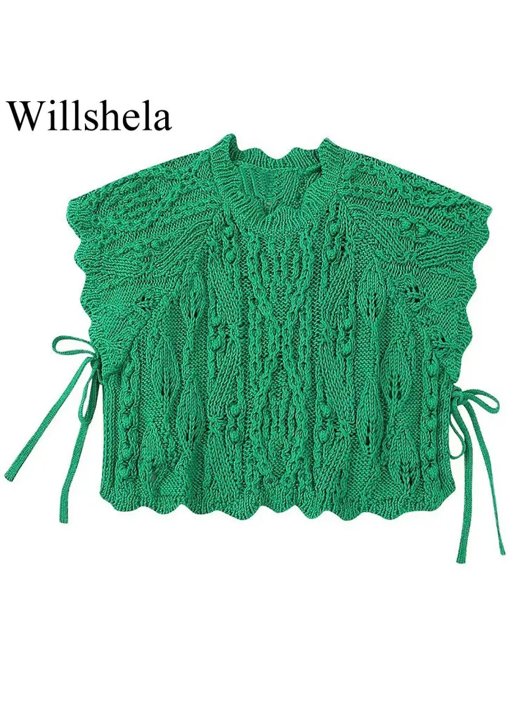

Willshela Women Fashion Green Side Lace Up Knitted Sweater Vest Vintage O-Neck Sleeveless Female Chic Lady Tank Tops