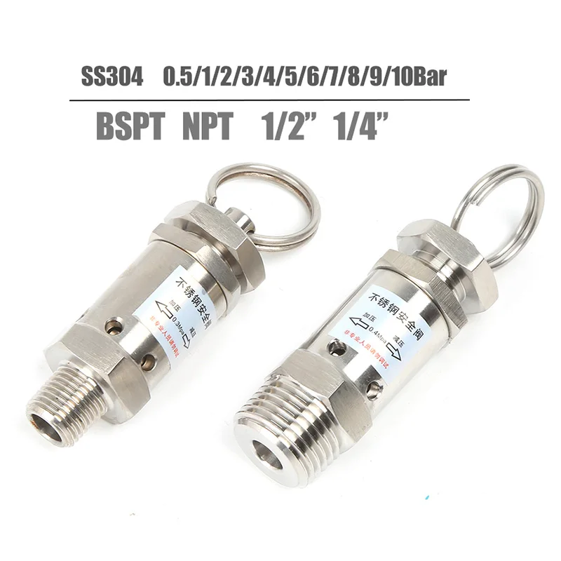 Мини-клапан сброса давления 1/4 дюйма 1/2 дюйма BSPT NPT наружная резьба 0,5-10 бар SS304 выхлопные клапаны из нержавеющей стали мини-клапаны сброса воздуха