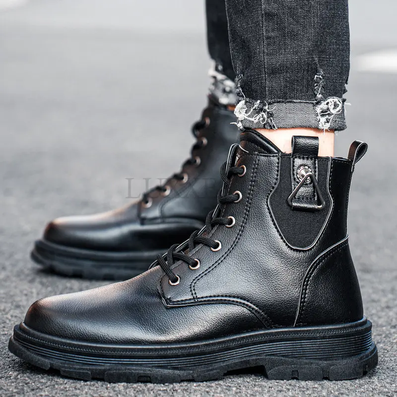 

Autumn/winter Men's High-top Martens Lace-up Fashion Round Toe Leather Boots Fashion Tooling Casual Metal Decorative Shoes