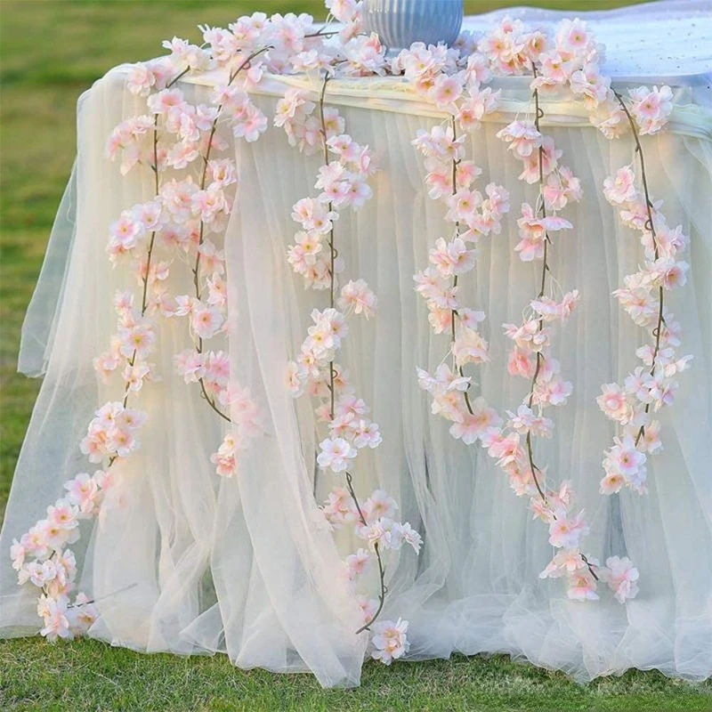 

5pcs Artificial Cherry Blossom Flowers Vine for Wedding Arch Pink Garland Hanging Garden Fake Flower Home Party Decoration