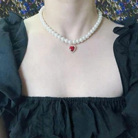 vintage heart pendant necklace ladies red zircon pearl clavicle chain party aesthetic jewelry christmas gift accessories