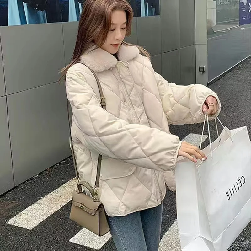 Down Cotton Short Jacket Women Winter Parkas Cotton-padded Clothes Loose Rhombus Quilted Coat Loose Tops Student Warm Outerwear