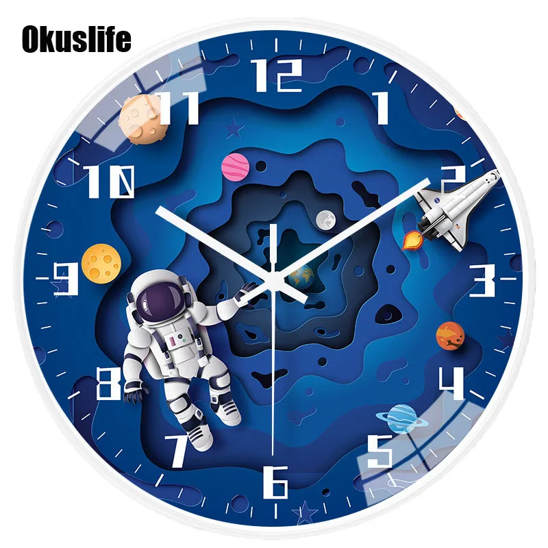 

8 Inches 20cm Children's Bedroom Creative Space Astronaut Wall Clock Modern Simple Planet Silent Hanging Clock Rocket Watch