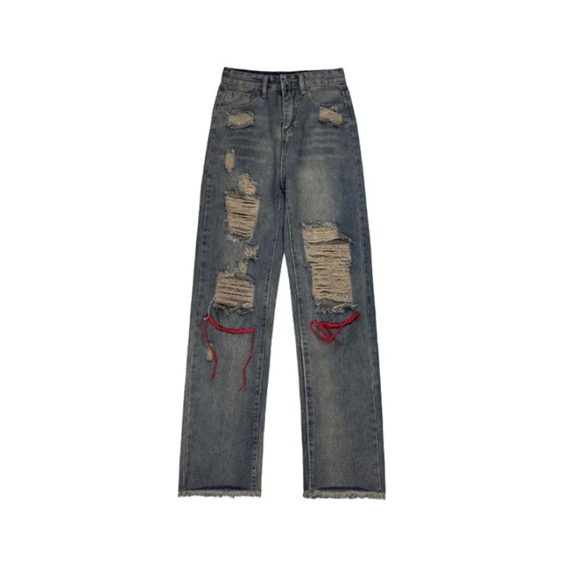 DEEPTOWN Ripped Jeans Men Retro Streetwear Straight Trousers Summer Hip-hop Embroidery Loose Denim Pants Fashion Hole Distressed