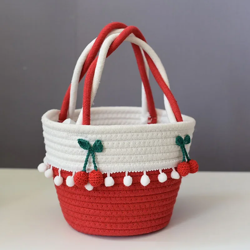 

Christmas Candy Handmade Woven Bucket Bag Womens Handbag Large Capacity Cute Cherry Decorate Handbags Seaside Holiday Woven Bag
