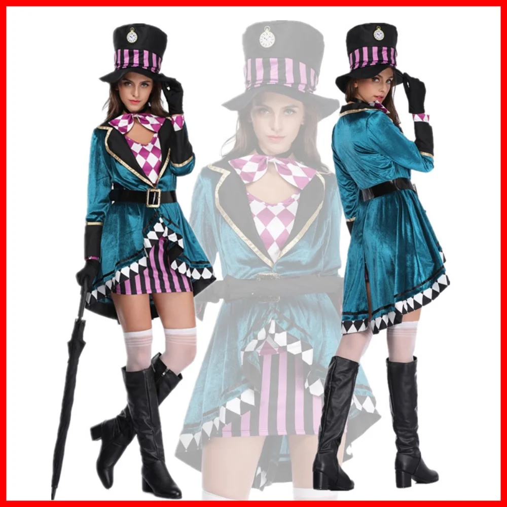 

Alice in Wonderland Clown Mad Hatter Costume for Adults Women Fantasias Sexy Magician Cosplay Halloween Carnival Magic Dress
