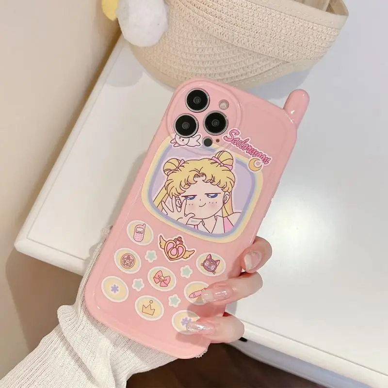 Kawaii Retro Button Sailor Moon Apple Phone Case Anime Cartoon Iphone 14Pro 13 12 11 Silicone Antenna Protective Case Gift