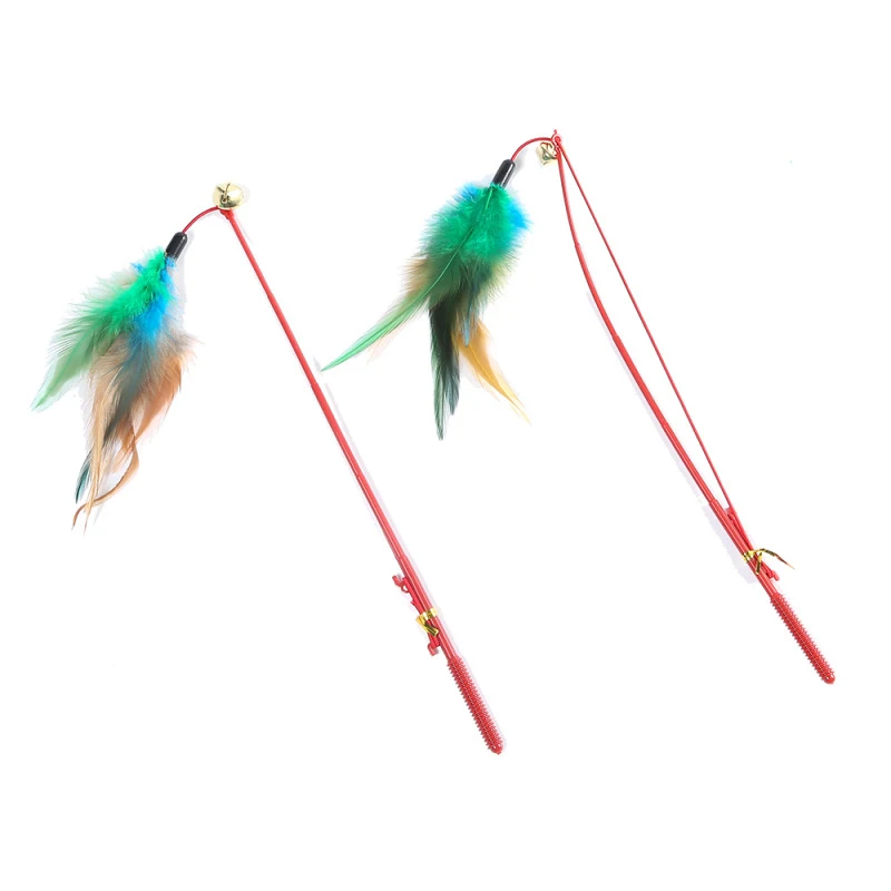 

High Elastic Rope Funny Playing Toy Pet Cat Bell The Dangle Colored Feathers Fishing Rod Game Wand Feather Stick Toy