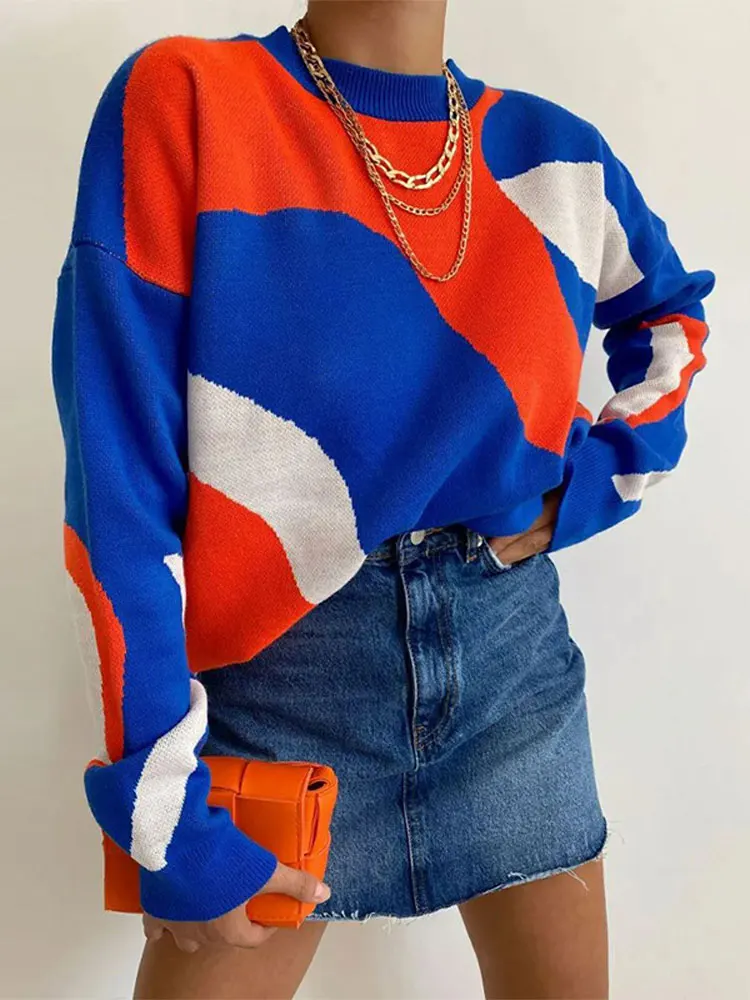

Fashion Color Contrast Knitted Sweaters Women O-neck Long Sleeve Loose Pullovers Female Chic Oversize Streetwear Clothing
